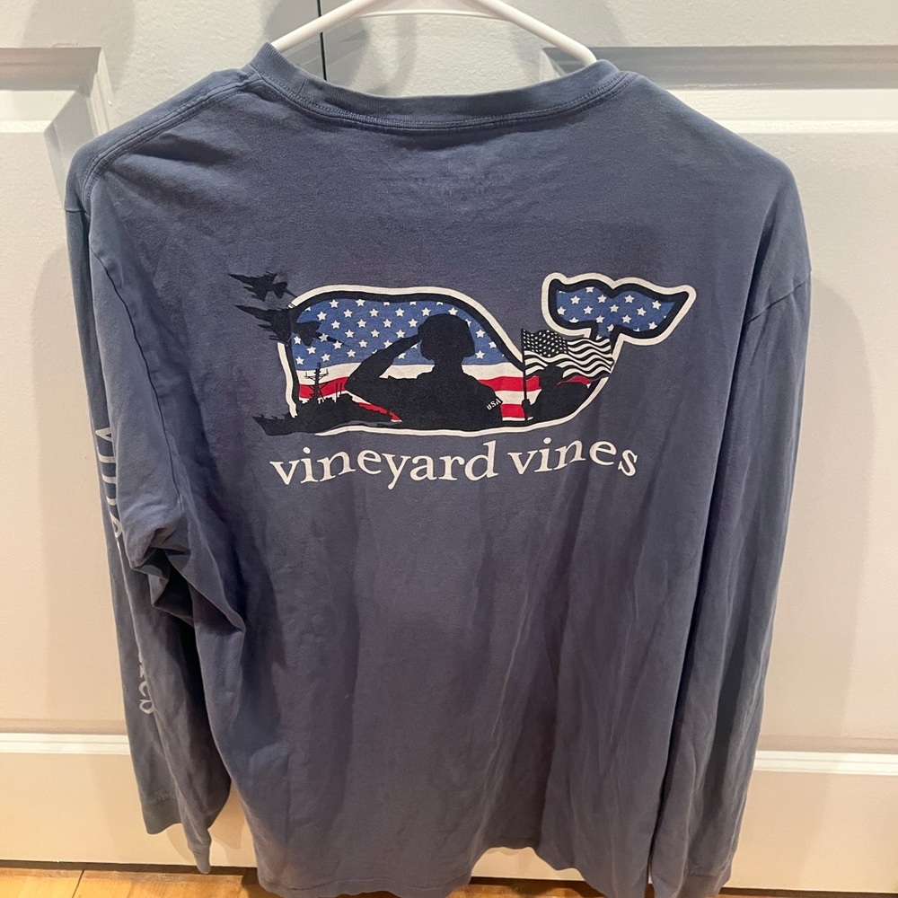 Vineyard Vines Blue Long Sleeve Tee with Patriotic Whale